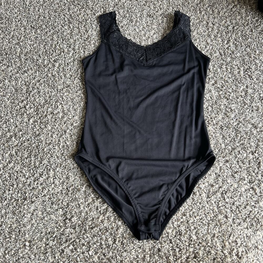 Vintage GANTOS Blouse Bodysuit Lace Trim V-Neck Size S Black Whimsigoth Goth New
